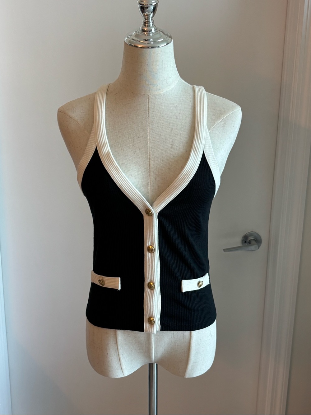 J. Crew Black and White Ribbed Button Front Tank